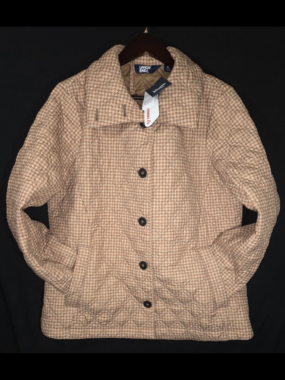 Lands' End Quilted Houndstooth Button-Up Jacket in Camel
